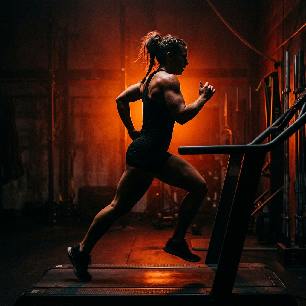 Female athlete running in ember orange light